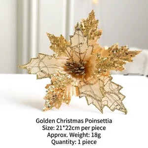 Goldene Glitzer-Weihnachtsblume 21x22cm für Weihnachtsbaum und Kranz Dekoration