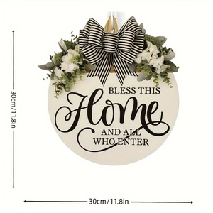 30cm wooden HOME welcome sign with buffalo plaid bow and artificial greenery and white flowers