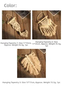 Detailed size chart for handmade bohemian macrame wall hangings with leaf and tassel designs