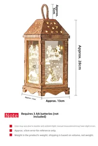 Close-up of wooden Christmas lantern with warm light and festive winter reindeer patterns