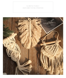 Detail of bohemian ivory macrame wall hanging set featuring feather and tassel designs