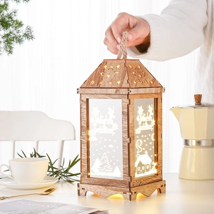 Nordic wooden LED lantern with Warm Winter cutout patterns and rustic hemp rope handle