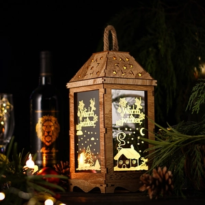 Illuminated wooden lantern with Warm Winter carving and festive reindeer motifs