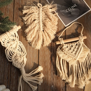 Bohemian macrame wall hanging set featuring handmade owl and leaf tassel designs