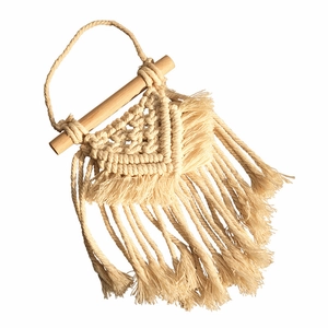 Bohemian handmade macrame wall hanging with wooden beam and cotton tassels