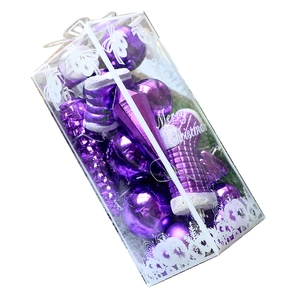 21-piece set of purple Christmas ornaments in gift box with shiny balls and boots