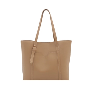 Japanese style khaki PU leather tote bag with front pocket and gold buckle detail