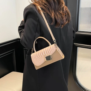 Khaki croc-embossed chain shoulder bag with metal buckle and top handle for women
