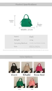 Detailed size specifications and material chart for the minimalist shell felt handbag