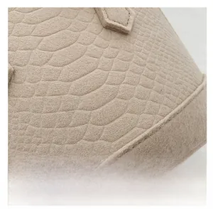 Macro detail of beige faux crocodile leather texture and neat stitching on shell bag