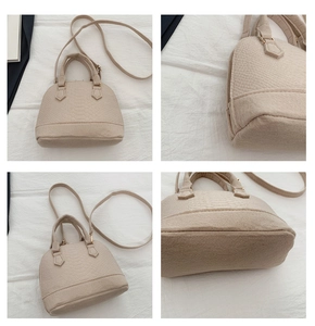 Multi-angle view of beige shell handbag with textured faux leather and felt details