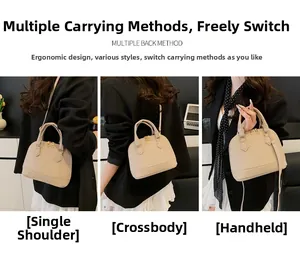 Three-way carry demonstration showing beige shell bag as handbag, shoulder, and crossbody