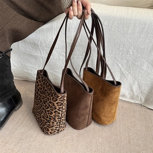 Chic suede tote bag set in leopard print and solid brown for casual shoulder carrying