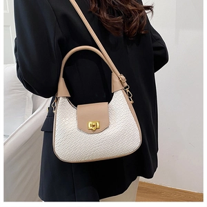 Detail of elegant two-tone crescent bag with crocodile texture and gold metal buckle