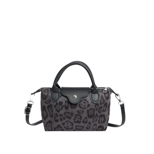 Retro leopard print crossbody bag with black leather handles and silver zipper closure