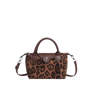 Damen-Handtasche mit Leopardenmuster, Nylon-Sling-Bag mit braunen Lederakzenten und Gurt