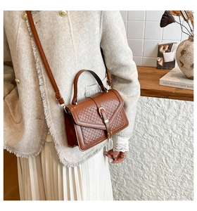 Detail einer braunen Handtasche mit Webstruktur, goldener Schnalle und Leder-Schultergurt