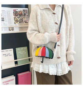 Detailed view of the creative umbrella shaped crossbody bag with colorful leather panels