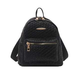 Mini black woven textured backpack for women with gold zippers and spacious compartments