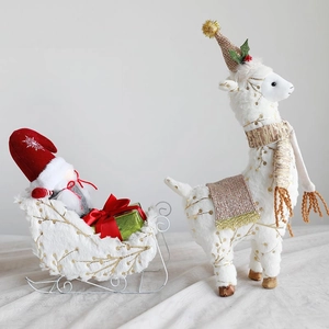 Christmas Plush Reindeer Sleigh Desktop Ornament Cartoon Santa Claus Reindeer Doll Festive Home Decoration Winter Holiday Gift