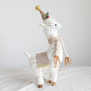 Plush Christmas reindeer alpaca figurine with gold patterns and knitted hat decoration