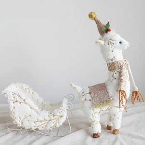 Christmas plush reindeer with sleigh desktop ornament in white faux fur and gold patterns