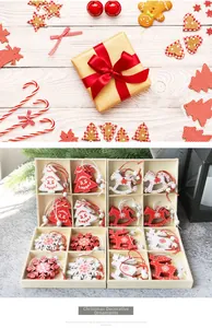 Detailed view of red and white wooden Christmas ornaments set in a grid display box