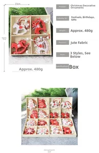 Detailed view of linen and wood Christmas ornaments in a 13x13cm four-grid wooden storage box