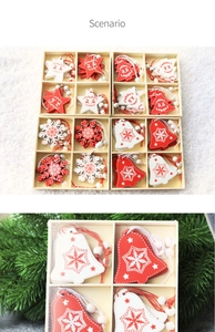Detailed view of red and white wooden Christmas ornaments in a grid box display