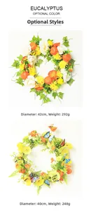 Detailansicht bunter künstlicher Blumenkränze mit Größen- und Gewichtshilfen