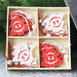 Christmas wooden ornament set with reindeer tree shapes in red and white storage box
