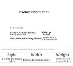 Detailed product specifications and size chart for Christmas glitter hanging ornaments