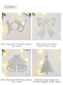 Detail view of four silver glitter Christmas ornaments with dimensions and weight specs