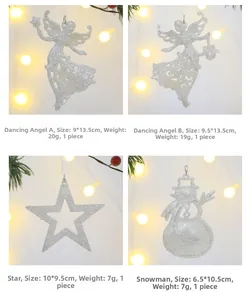 White glittery Christmas ornaments featuring angel, star, and snowman with dimensions