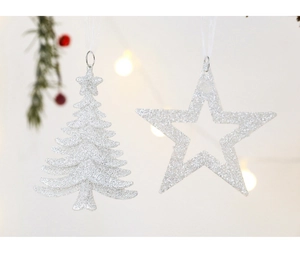Detailed view of silver glittery Christmas tree and star pendants with white ribbons