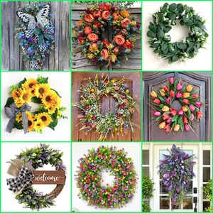 Artificial Flower Wreath For Front Door Farmhouse Floral Garland With Sunflower Rose Tulip Butterfly For Spring Summer Fall Home Wall Decoration