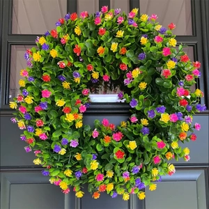 Couronne d'Eucalyptus Artificielle Colorée pour Porte d'Entrée Ferme Printemps Été Couronne Florale pour Mur Fenêtre Décoration Maison