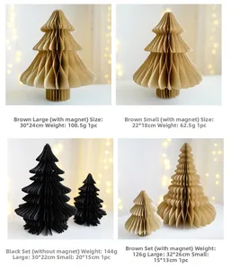 Detail view of foldable magnetic honeycomb paper Christmas trees in brown and black colors
