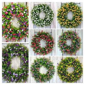 Artificial tulip and wildflower wreaths in various colors for spring door decoration