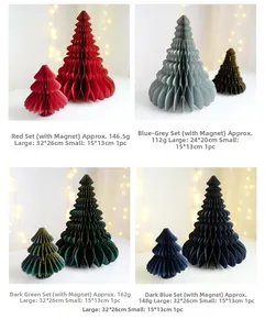 Macro detail of honeycomb paper Christmas tree decor in multiple sizes and colors