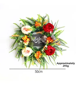 Detail of 50cm autumn wreath with 'Blessed' sign, peonies, fern leaves and leopard ribbon
