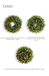 Trois tailles de couronnes d'eucalyptus colorées avec détails de poids et de diamètre