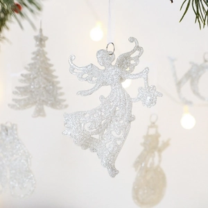 Sparkling white glitter angel girl Christmas tree ornament with white hanging ribbon