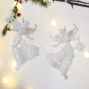 Glittering white angel Christmas tree ornaments with delicate cutouts, 2-piece set