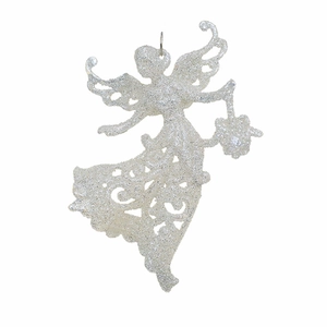 Sparkling white glitter angel ornament with hollow dress and wings for Christmas tree