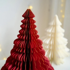 Sapins de Noël pliables en papier nid d'abeille avec bords pailletés dorés rouge et crème