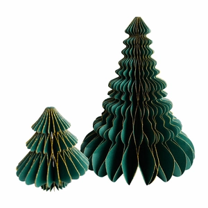 Lot de deux sapins de Noël en papier alvéolé vert avec bordures dorées élégantes