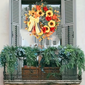 Wildflower sunflower wreath with red roses and yellow bow for autumn home door decor