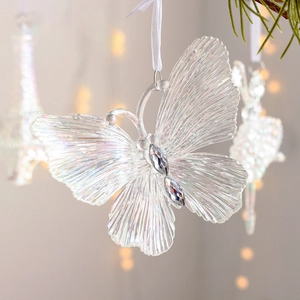 Iridescent acrylic butterfly Christmas tree ornament with elegant crystal accents