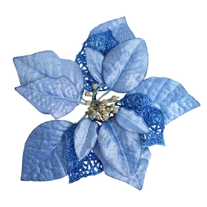 Fiore di poinsettia artificiale blu glitterato per albero e ghirlande di Natale